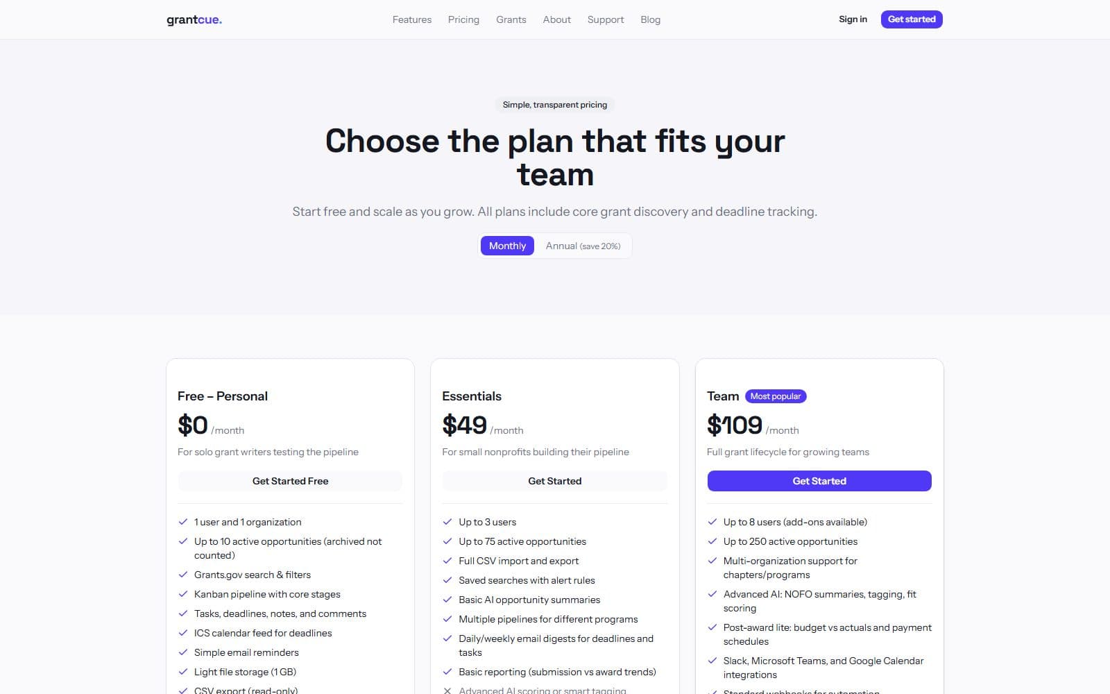 GrantCue pricing page