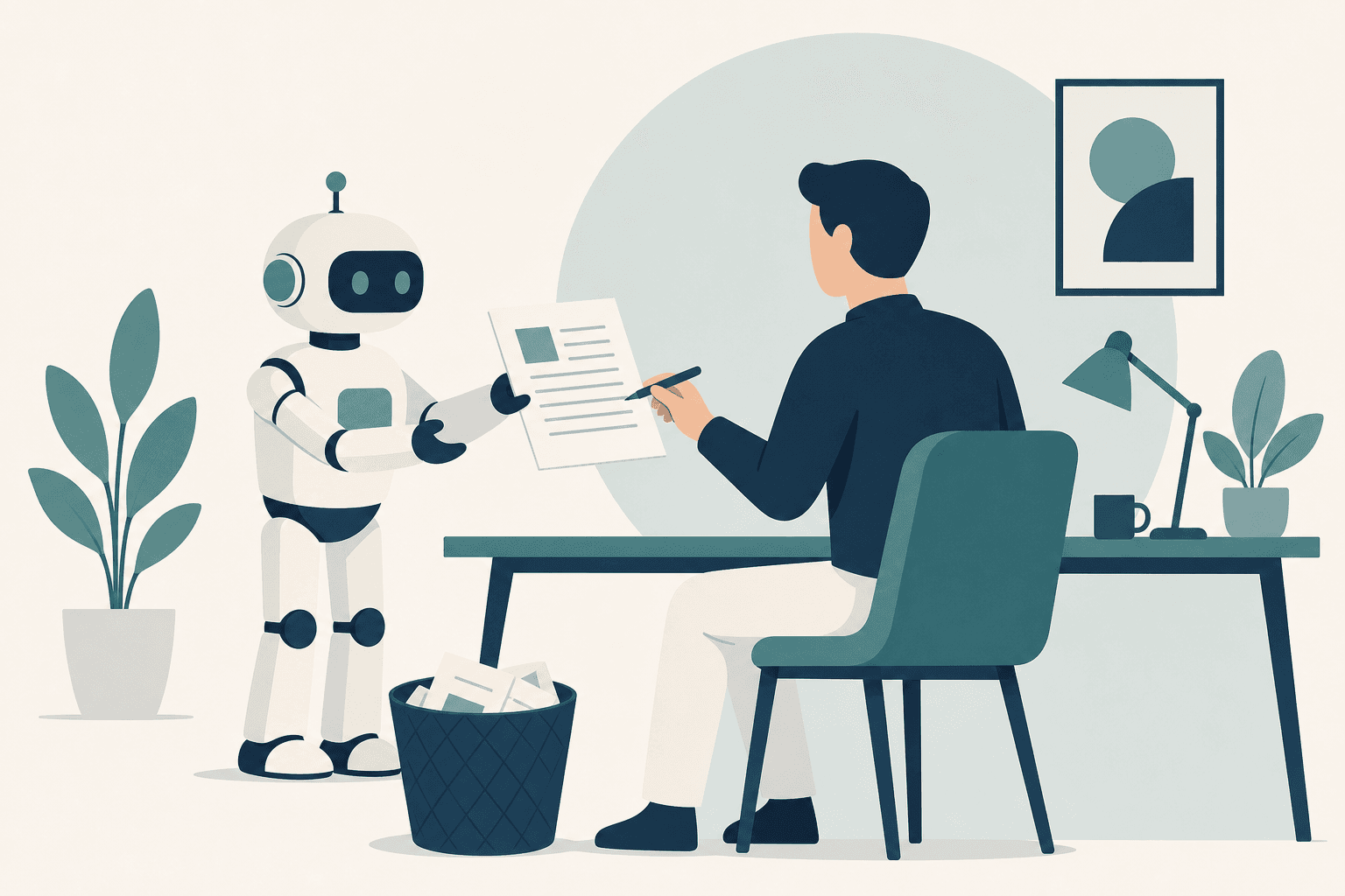 Illustration of a person reviewing and signing a document drafted by a small robot assistant
