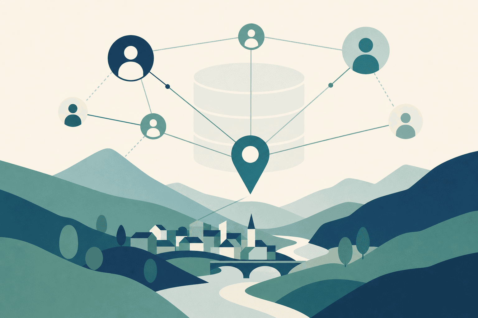 Illustration of a network of people icons connecting to a map pin over a river valley town