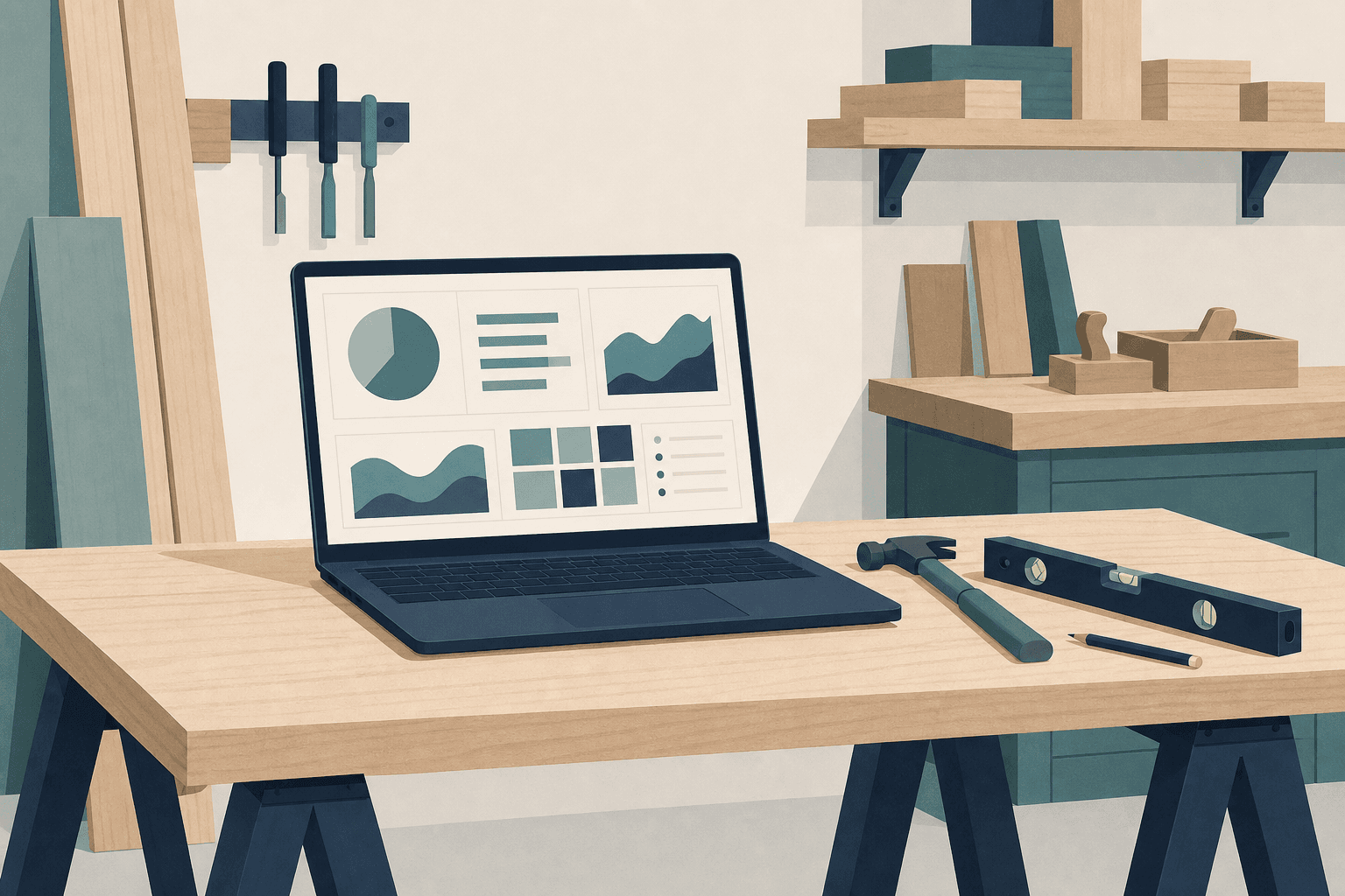 Illustration of a laptop showing dashboards set on a sawhorse desk in a workshop