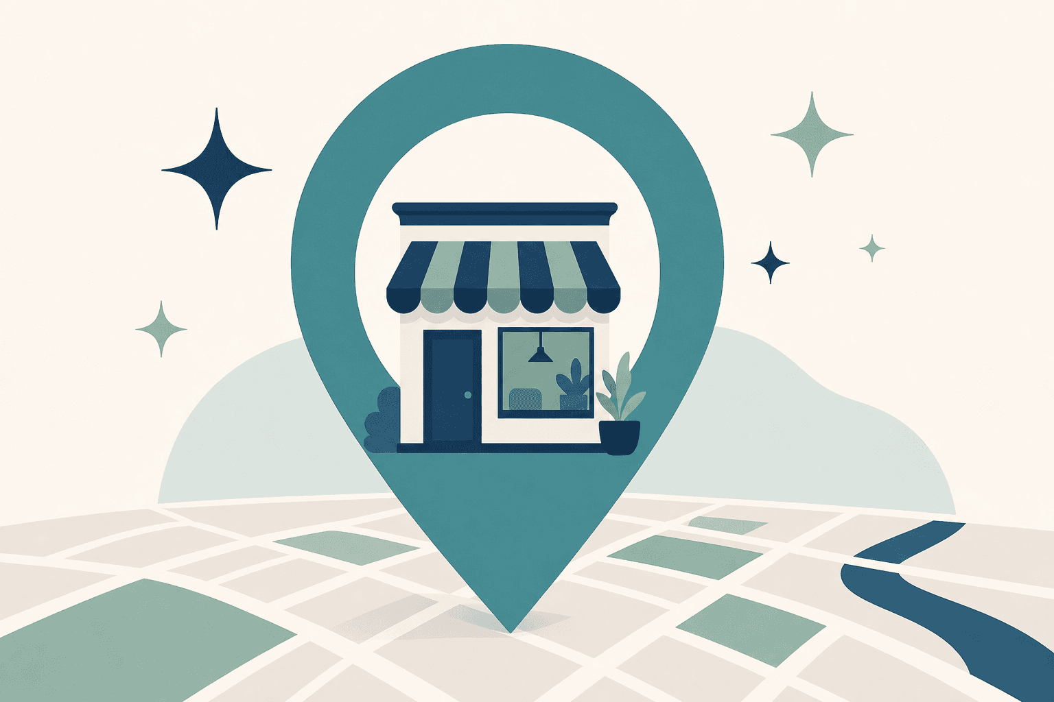 Illustration of a small storefront rising from a map pin with rating stars floating nearby
