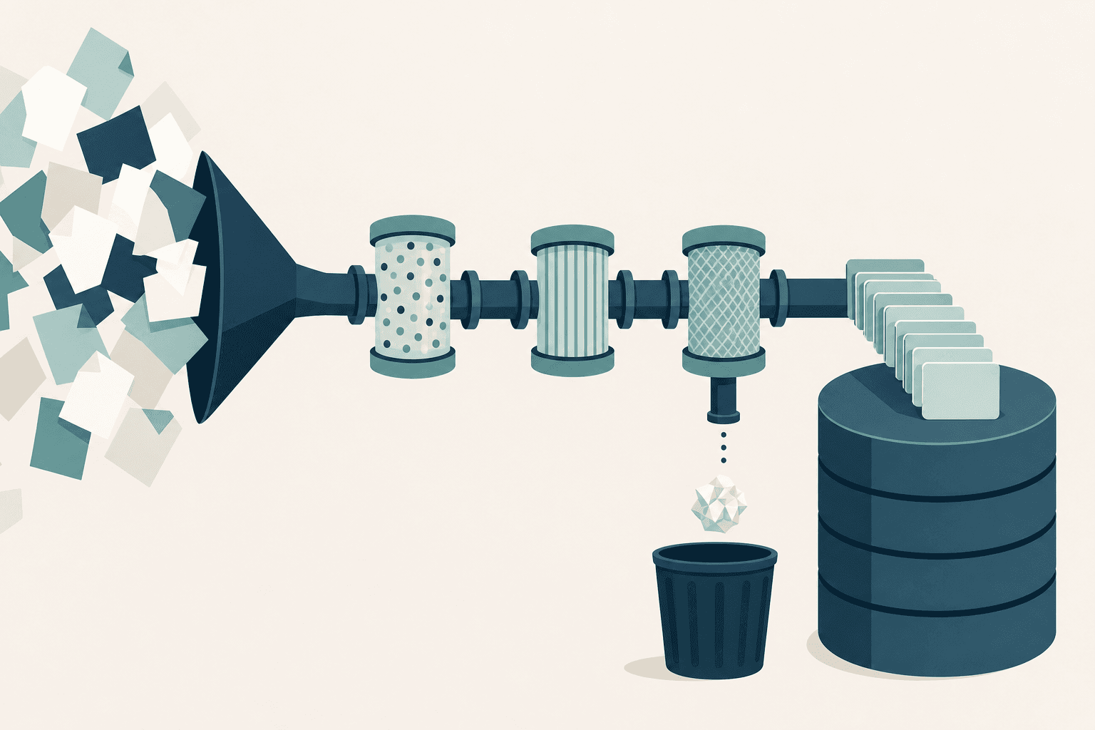 Illustration of documents flowing through a sorting pipeline into an organized database