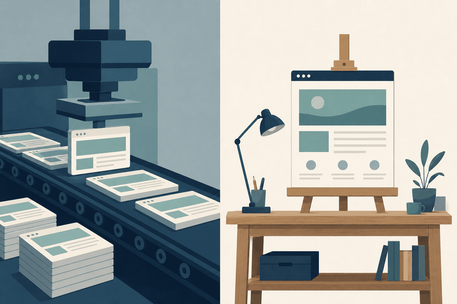 Illustration contrasting a template-stamping machine with a craftsperson desk holding real code