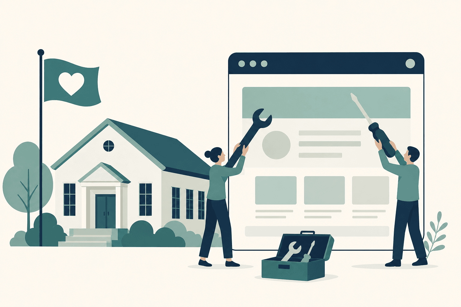 Illustration of a small community building beside a browser window being tuned with hand tools