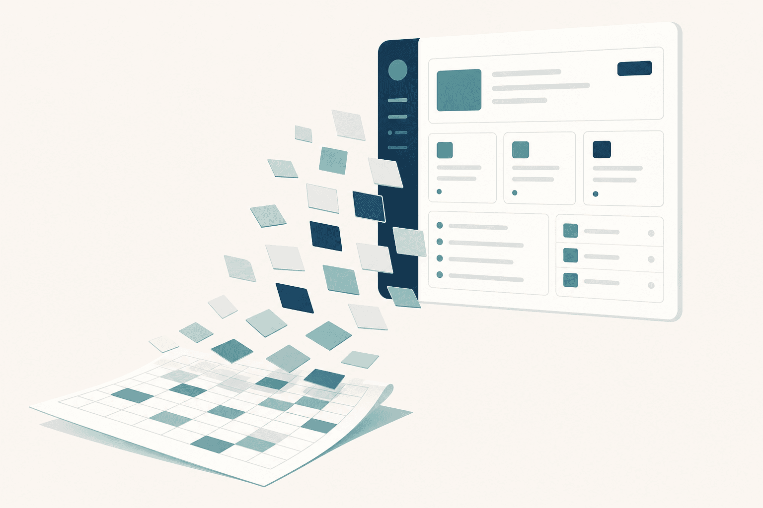Illustration of spreadsheet cells lifting away and reassembling into a clean app interface