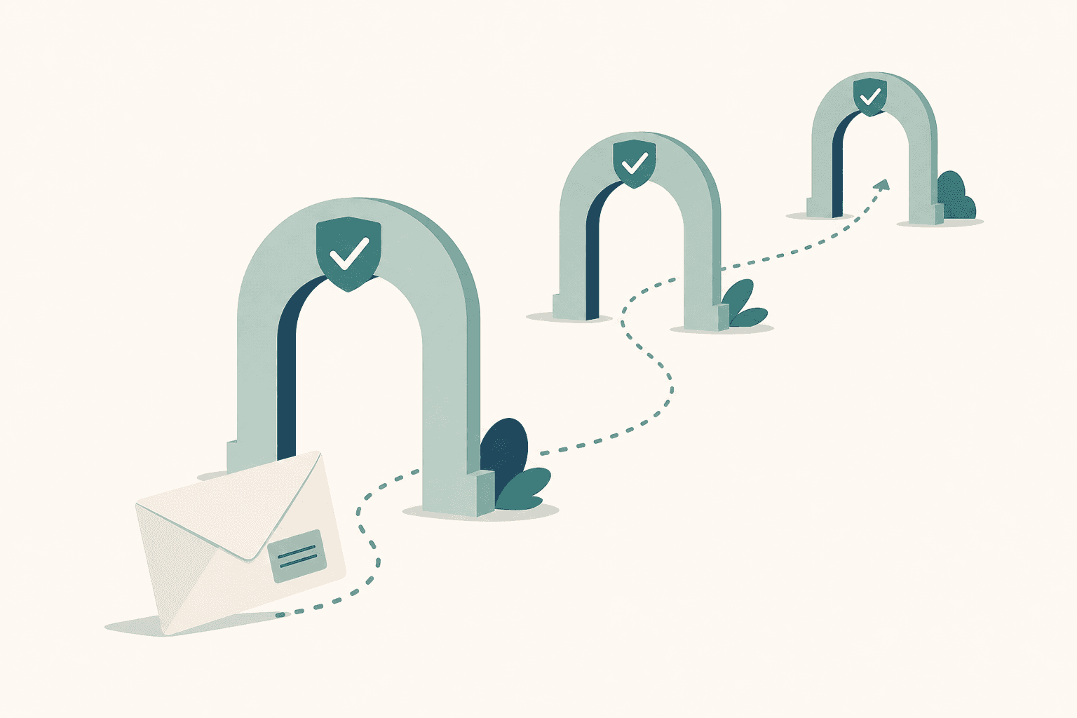 Illustration of an envelope carrying a domain tag passing through three verification gates