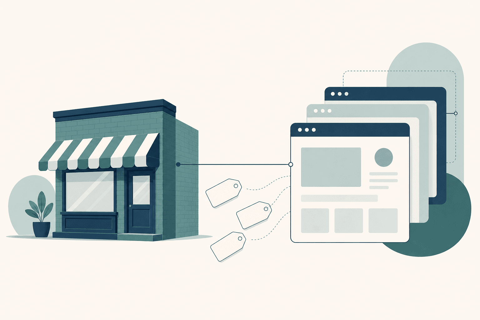 Illustration of a small storefront transforming into layered browser windows