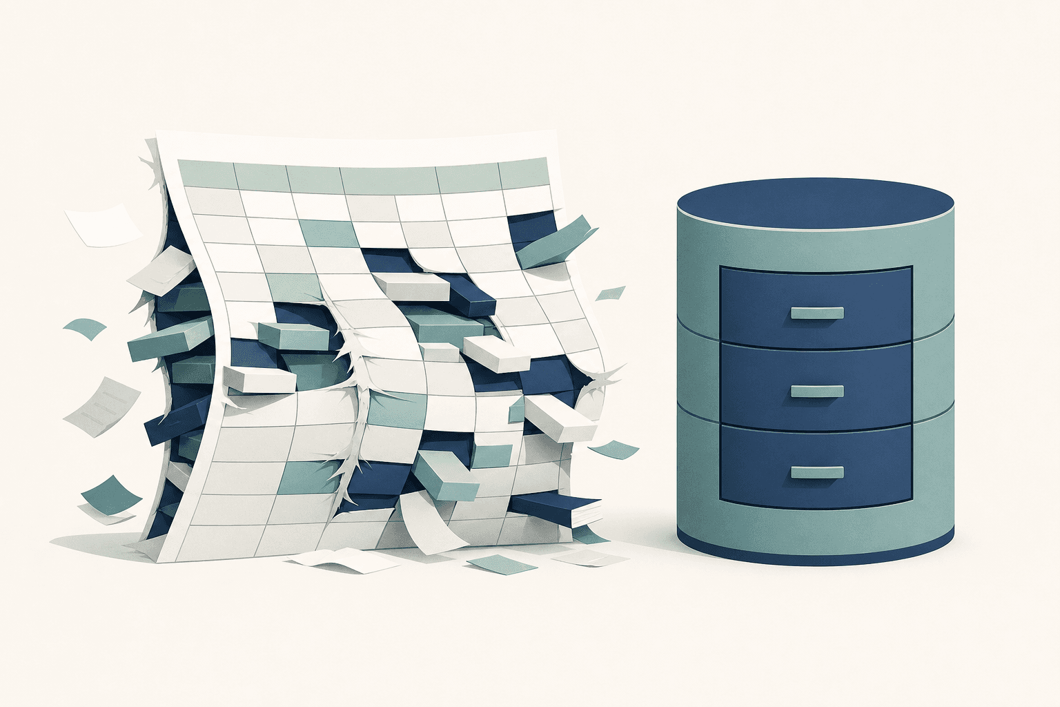 Illustration of an overloaded spreadsheet grid straining beside a calm structured database