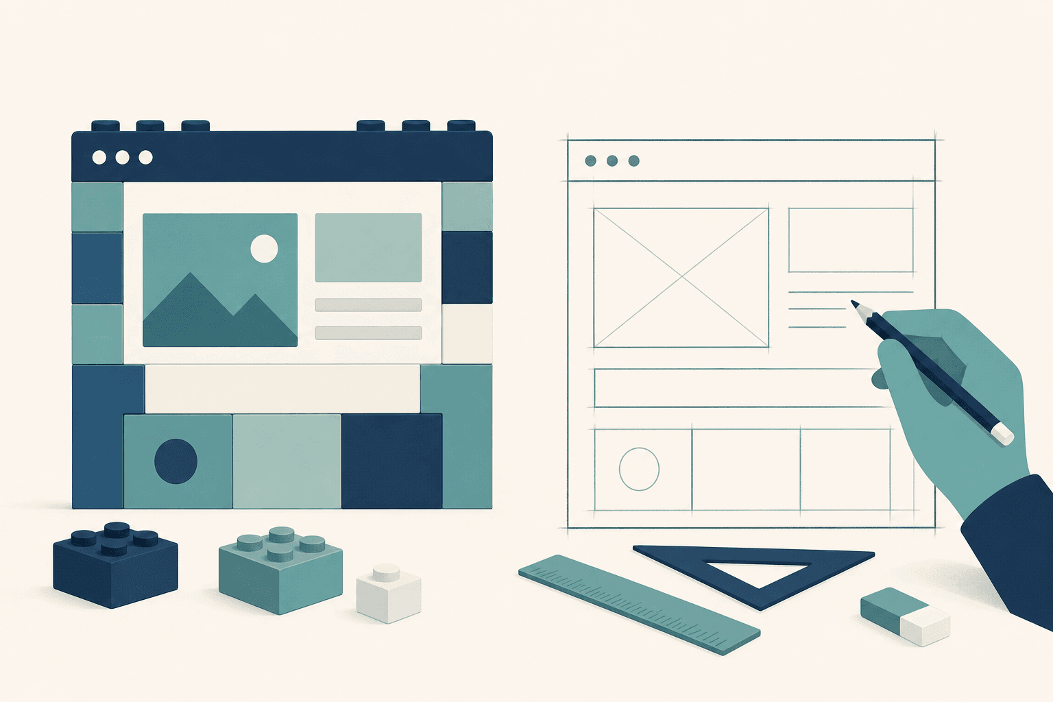 Illustration of a snap-together block website beside a hand-drafted custom website frame