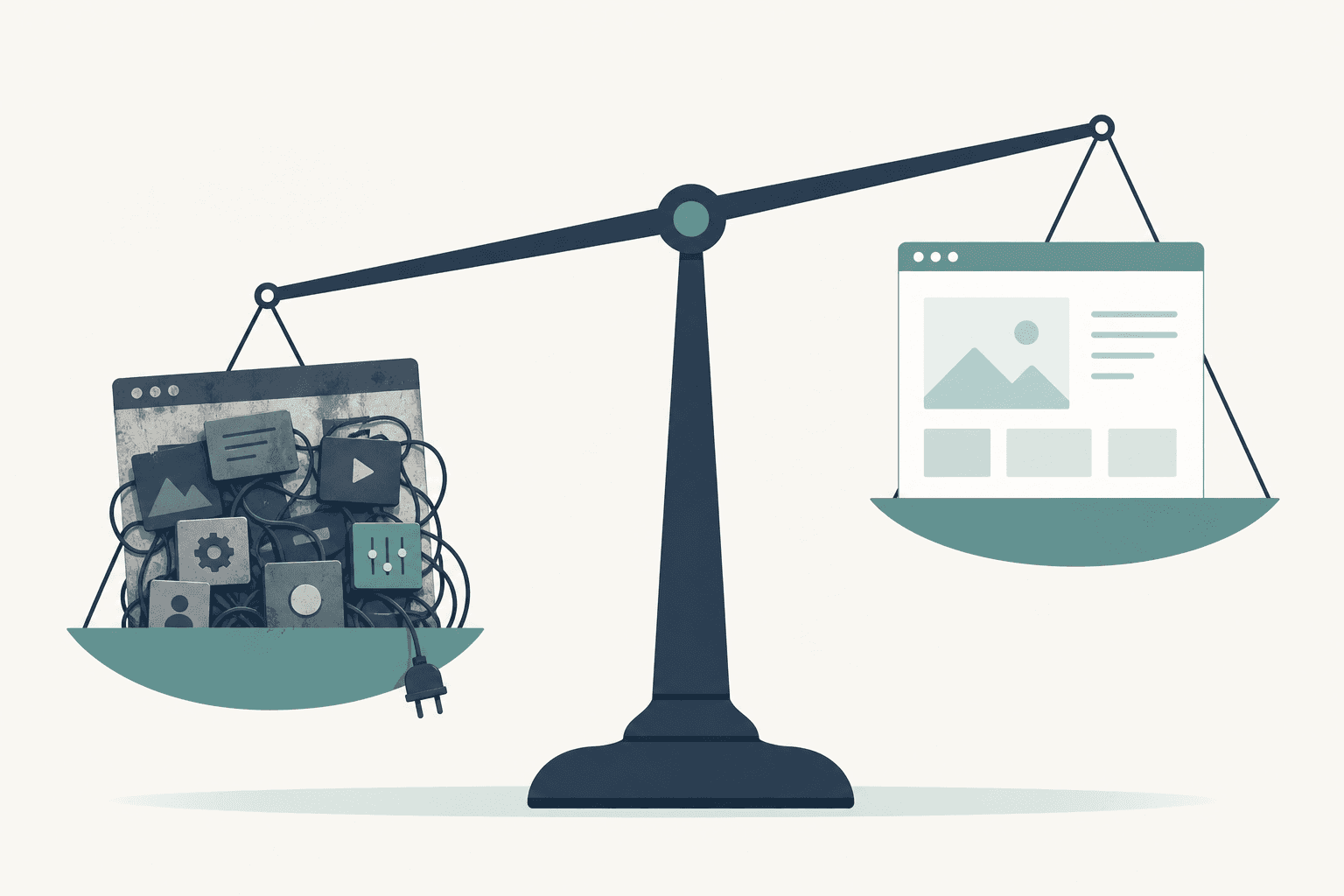 Illustration of a balance scale weighing a cluttered website frame against a clean lightweight one